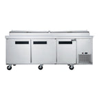 Thumbnail image #1 for Dukers Appliance Co., USA Ltd. DPP90 Pizza Prep Table, 3-Section, 3-Door, Stainless Steel, 90"W x 31-1/2"D x 43-7/8"H