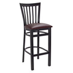 Thumbnail image #1 for G & A Commercial Seating Wyndham 635-B SS Commercial Bar Stool, Slat Back, Solid Wood Saddle Seat, Black Steel Frame, Footrest