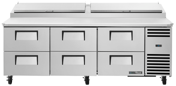 Product image #8 for True 93.5-Inch 3-Section Pizza Prep Table with 6 Drawers and Self-Contained Refrigeration