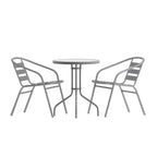 Thumbnail image #1 for Flash Furniture TLH-071RD-017CSV2-GG Round Glass-Top Metal Table Set with Two Silver Aluminum Slat Stack Chairs
