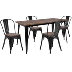 Thumbnail image #1 for Flash Furniture CH-WD-TBCH-27-GG Rectangular Table and 4 Stackable Chairs Set, 30-1/4" x 60", Elm Wood Top, Black Galvanized Steel Frame