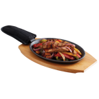 Thumbnail image #1 for Chef Master 90201 Cast Iron Fajita Platter Set, 16-Inch Oval Ribbed Skillet with Handle and Wood Base Case of 4