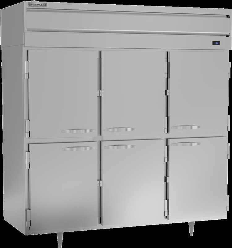 Product image #5 for Beverage Air P-Series Three-Section Pass-Thru Reach-In Refrigerator with 12 Solid Half Doors, 73.99 Cu. Ft.
