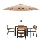 Thumbnail image #1 for Flash Furniture XU-DG-810060064-UB19BTN-GG 35" Square Patio Dining Table Set with Synthetic Teak Top, Umbrella, Base & 4 Chairs