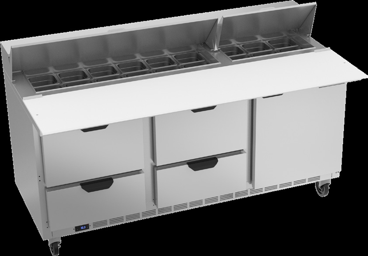 Product image #6 for Beverage Air 72-Inch Three-Section Sandwich Top Refrigerated Prep Table with 4 Drawers, 1 Door, and 18-Pan Opening