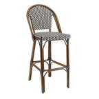 Thumbnail image #1 for JustChair Manufacturing WL85030-WAL-BW Armless Outdoor Bar Stool, Upholstered Seat and Back, Black/White Woven Vinyl, Walnut-Finish Aluminum Frame