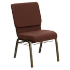 Thumbnail image #1 for Flash Furniture Hercules FD-CH02185-GV-10355-BAS-GG Stacking Church Chair, Brown Fabric Upholstery, Gold Vein Frame, Book Rack