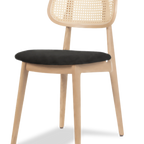 Thumbnail image #1 for JustChair Manufacturing W36718 Stackable Side Chair, Natural Cane Floating Back, Solid Wood Frame, Black Vinyl Padded Seat