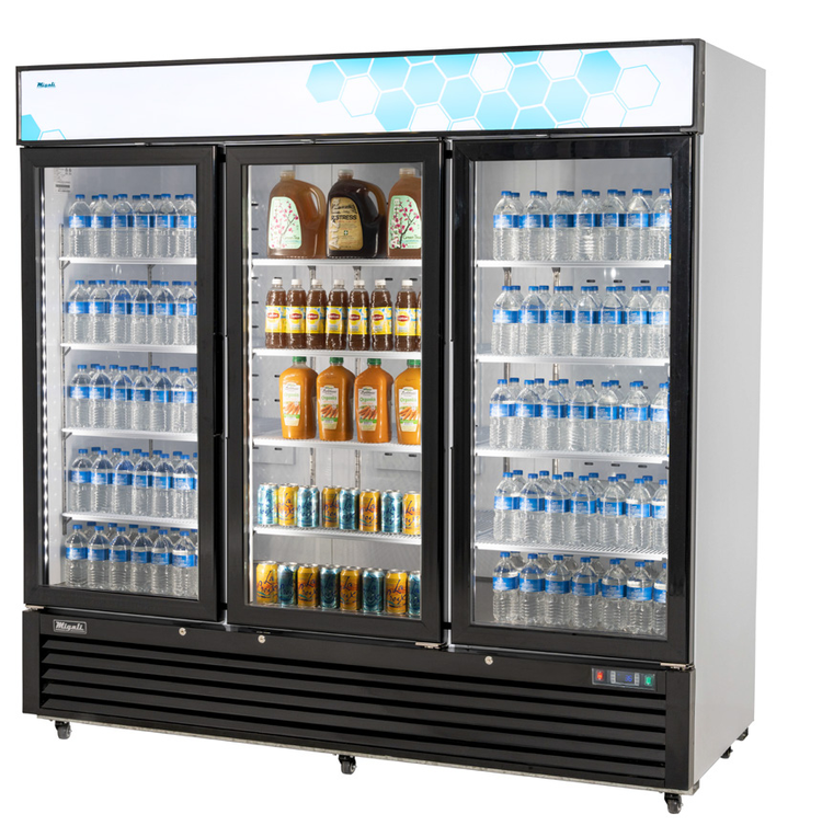 Product image #5 for Migali Competitor Series 3-Section Reach-In Glass Door Refrigerator Merchandiser, 72 Cu. Ft., Bottom-Mount Self-Contained, White