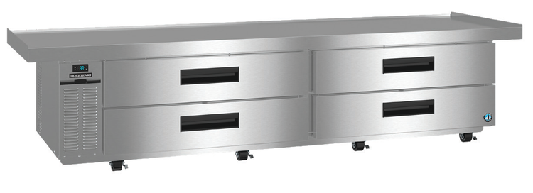 Product image #2 for Hoshizaki Steelheart Stainless Steel Two-Section Refrigerated Equipment Stand with 4 Drawers, Self-Contained Side-Mounted Refrigeration, 110-1/2 Inch Wide