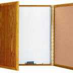 Thumbnail image #1 for AARCO Products OP36 Enclosed Planning Board, 36"W x 36"H, Oak-Laminated Wood Frame, Single Swing Door, White Marker Board and Cork