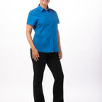 Thumbnail image #1 for Chef Works Universal CSWV-BLU-L Women's Short-Sleeve Chef Shirt, Blue, Form Fit, Cool Vent Panels, Size L