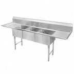 Thumbnail image #1 for GSW USA SHH20283D 3-Compartment Stainless Steel Sink, 100-3/8"W x 34"D x 45"H, 16-Gauge, Left & Right Drainboards, 11-1/2"H Backsplash