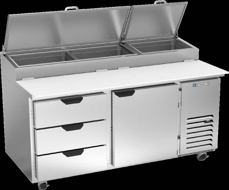 Product image #5 for Beverage-Air DPD67HC-3 67-Inch Two-Section Pizza Top Refrigerated Prep Table with 3 Drawers and 1 Door