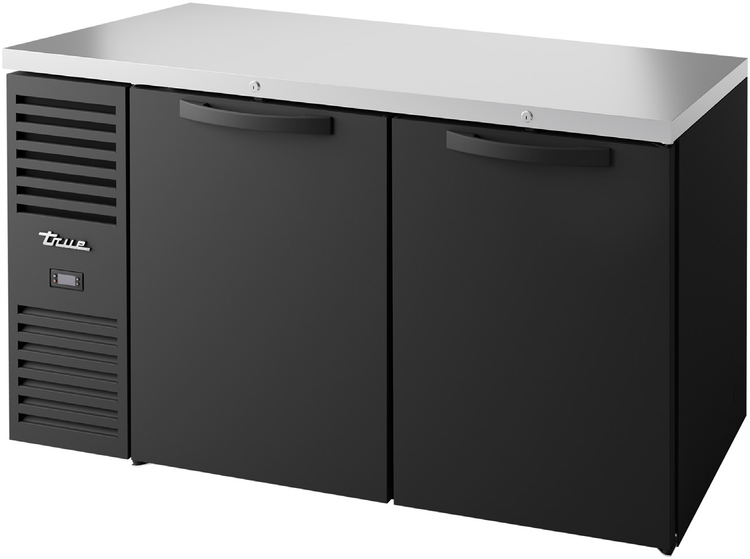 Product image #5 for True 60-Inch Two-Section Refrigerated Back Bar Cooler with Self-Contained Side-Mounted Refrigeration, Stainless Steel Top, and Black Exterior