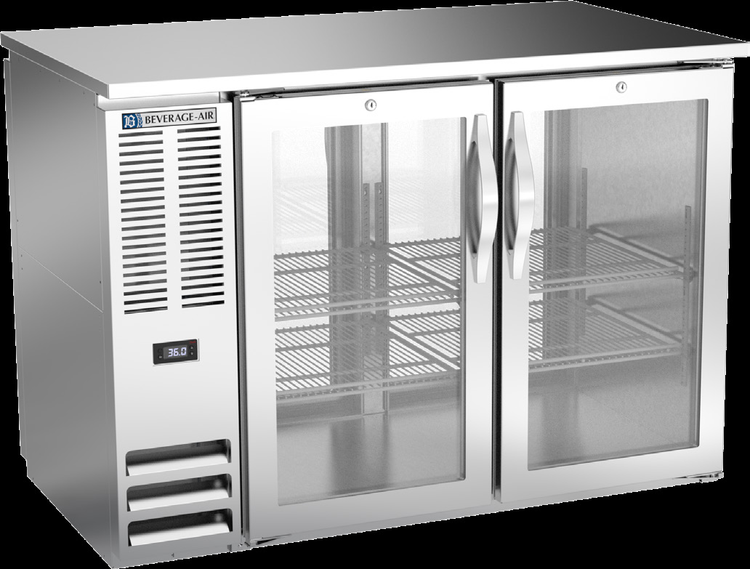 Product image #2 for Beverage-Air Shallow-Depth Pass-Thru Back Bar Refrigerator, 48 Inch, 4 Glass Doors, Right-Mounted Self-Contained, 12.56 Cu. Ft.