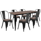 Thumbnail image #1 for Flash Furniture CH-WD-TBCH-28-GG Rectangular Table and 6 Stackable Chairs Set, 30-1/4" x 60", Elm Wood Top, Galvanized Steel Frame, Black