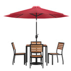 Thumbnail image #1 for Flash Furniture XU-DG-810060364-UB19BRD-GG Patio Dining Table Set, 35-Inch Square Synthetic Teak Table, Red Umbrella, 4 Faux Teak Chairs