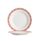 Thumbnail image #1 for CAC China Red Gate 105-7 Round Porcelain Plate, 7-1/4", Rolled Edge, Red/Bone White Case of 5 Dozen