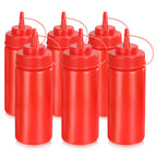 Thumbnail image #1 for New Star Foodservice Inc. 26344 16 oz Red Plastic Squeeze Bottle, Wide Mouth, Single Tip, with Cap and Scale Case of 4
