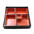 Thumbnail image #1 for Korin Inc NR-315 Square Plastic Bento Box, 5 Compartments, Red Interior, Black Exterior, 9-1/2" x 9-1/2" x 2-1/4"