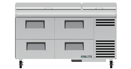 Product image #8 for True 67-Inch 2-Section Pizza Prep Table with 4 Drawers and Self-Contained Side-Mounted Refrigeration