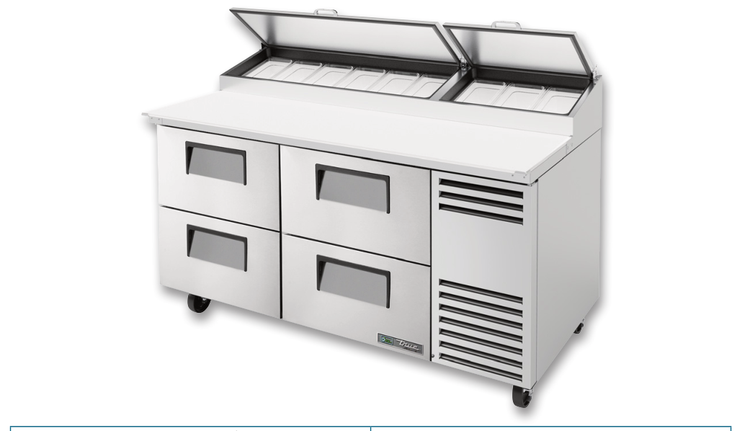 Product image #5 for True 67-Inch 2-Section Pizza Prep Table with 4 Drawers and Self-Contained Side-Mounted Refrigeration