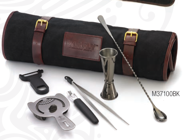 Product image #2 for Barfly Essentials 7-Piece Mixology Bar Tool Set with Waxed Canvas Roll, Gun Metal Black-Plated Finish