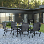 Thumbnail image #2 for Flash Furniture TLH-089REC-303CBK6-GG 7-Piece Outdoor Patio Dining Set with 55-Inch Tempered Glass Table and 6 Black Flex Chairs