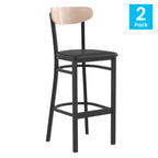 Thumbnail image #1 for Flash Furniture Wright 2-XU-DG6V6BV-NAT-GG Bar Stool, 43.13"H, Black Vinyl Seat, Wooden Boomerang Back, Black Steel Frame, Natural Birch Finish