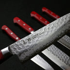 Thumbnail image #2 for Korin Inc HKR-TDGY-240 9-3/8" Damascus Gyuto Chef Knife, Hammered V10 Steel, 50/50 Bevel, Burgundy Composite Wood Handle