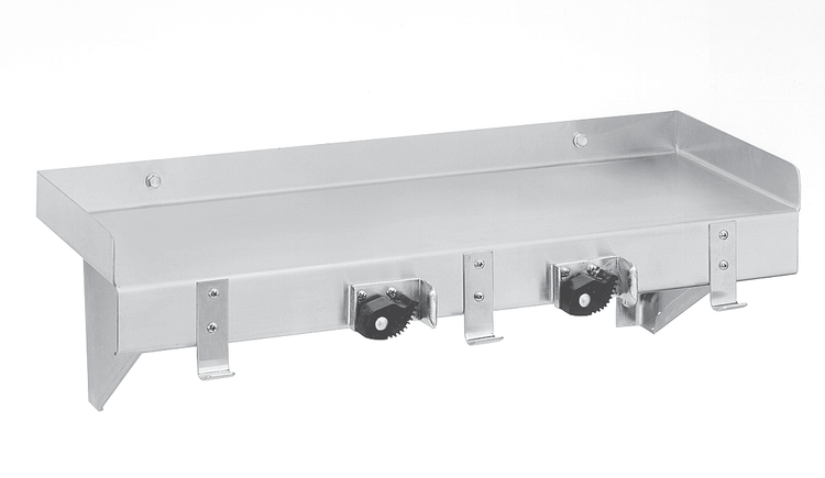 Product image #4 for Advance Tabco Wall-Mounted Stainless Steel Utility Shelf with 2 Mop Holders and 3 Rag Hooks, 24 x 8 Inches