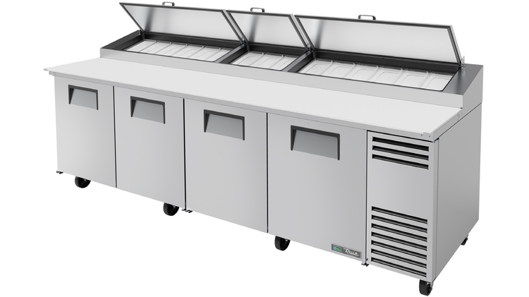 Product image #9 for True TPP-AT-119-HC 4-Section Pizza Prep Table with Side-Mounted Self-Contained Refrigeration