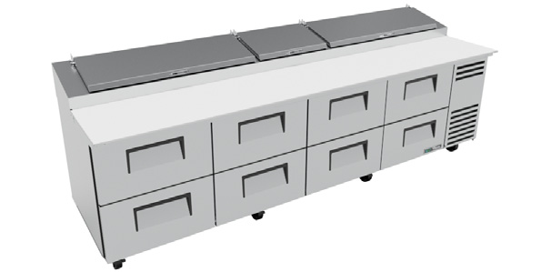 Product image #7 for True 119-Inch 4-Section Pizza Prep Table with 8 Drawers, White Poly Cutting Board, and Self-Contained Refrigeration