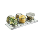 Thumbnail image #1 for Cal-Mil Luxe 3492-4-15 Condiment Jar Set, 3 Jars, Stainless Steel Lids, Cold Pucks, Stainless Steel Trim, White Base, 16"W x 6"D x 4"H
