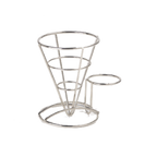 Thumbnail image #1 for G.E.T. Specialty Servingware 4-88864 Stainless Steel Round Fry Cone Basket with Condiment Cup Holder, 5" Dia. x 7"H Case of 24