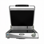 Thumbnail image #1 for Cadco CPG-15(220) Single Commercial Panini Grill, Glass-Ceramic Ribbed Top & Smooth Bottom, 15-3/4"W x 11-13/16"D Grill Area