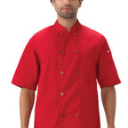 Thumbnail image #1 for Chef Works PCSS-RED-XL Unisex Red Chef Coat, 65/35 Poly-Cotton, Short Sleeve, Double-Breasted, XL