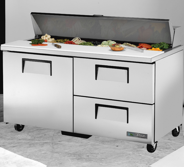Product image #5 for True 60-Inch Wide 2-Section Refrigerated Prep Table with 1 Door, 2 Drawers, and 16 Sixth-Size Pan Top