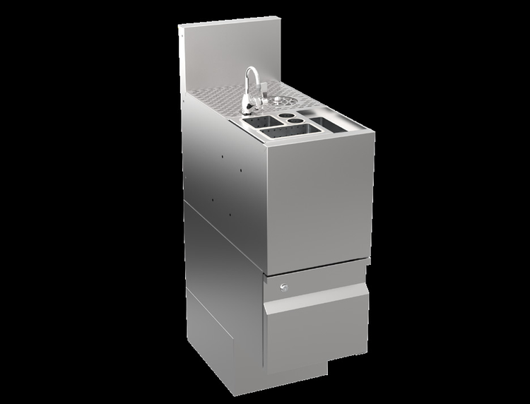 Product image #5 for Krowne Alchemy Series 12-Inch Underbar Tool Caddy with Glass Rinser Faucet, 4 Wet Bins and Dry Bin