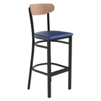 Thumbnail image #1 for Flash Furniture Wright XU-DG6V6BLV-NAT-GG Bar Stool, Blue Vinyl Upholstered Seat, Natural Birch Boomerang Back, Black Steel Frame