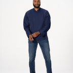 Thumbnail image #1 for Chef Works BCLZ008-NAV-3XL Men's Navy Chef Coat, 3XL, Long Sleeve, Zipper Closure, Poly/Cotton