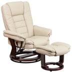 Thumbnail image #1 for Flash Furniture BT-7818-BGE-GG Beige Upholstered Swivel Recliner with Integrated Headrest, Ottoman and Mahogany-Finish Wood Base
