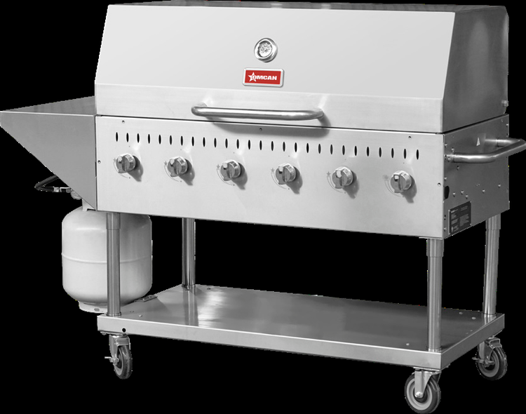 Product image #2 for Omcan 47.2-Inch Mobile Outdoor Propane 6-Burner 304 Stainless Steel BBQ Grill with Roll Dome