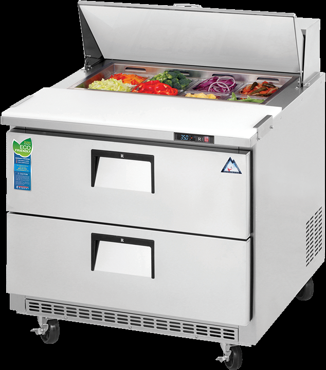 Product image #5 for Everest Refrigeration 1 Section Drawered Sandwich Prep Table with 2 Drawers, 35-5/8 Inch Wide, 10 Cu. Ft., Rear-Mounted Self-Contained R290 Refrigeration
