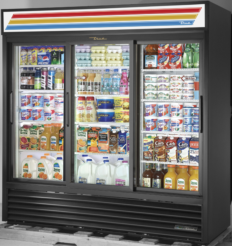 Product image #5 for True 3-Section Glass Door Merchandiser Refrigerator with Sliding Doors, 12 Shelves