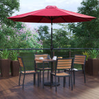 Thumbnail image #2 for Flash Furniture XU-DG-810060364-UB19BRD-GG Patio Dining Table Set, 35-Inch Square Synthetic Teak Table, Red Umbrella, 4 Faux Teak Chairs
