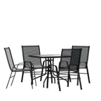 Thumbnail image #1 for Flash Furniture TLH-073A2303C-GG 5-Piece Outdoor Patio Dining Set with 31.5-Inch Square Tempered Glass Table and 4 Black Stack Chairs