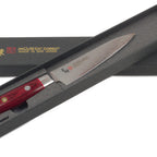 Thumbnail image #2 for JB Prince Mcusta Z246 4 Forged Petty Utility Knife, 4-3/10" Spear Point, VG-10 High-Carbon Stainless Steel, Red Pakka Wood Handle