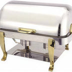 Thumbnail image #2 for Winco Vintage 108A 8 Qt Rectangular Roll-Top Chafer with 18/10 Stainless Steel Frame and Gold-Plated Brass Handles